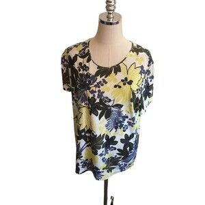 Hot Cotton Size XL Top Green Short Sleeve Plant Print Lagenlook Yellow Blue